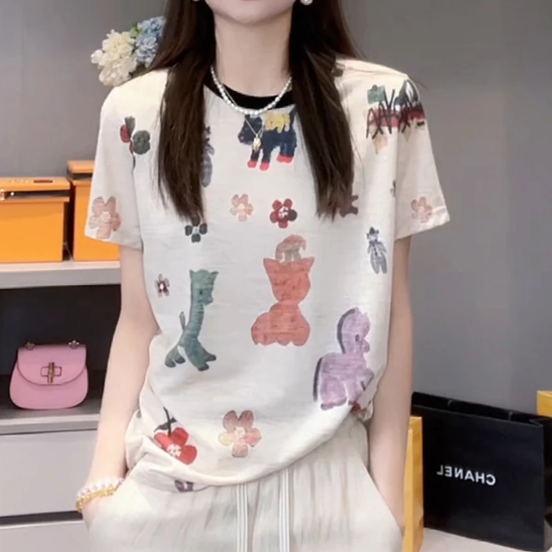 夏日绝美短袖t恤小众穿搭印花设计感独特漂亮正肩宽松显瘦上衣