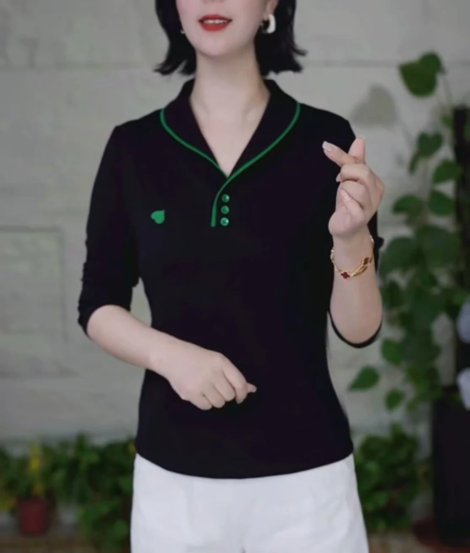 新款2025秋季翻驳领爱心刺绣宽松气质百搭纯色长袖显瘦T恤上衣