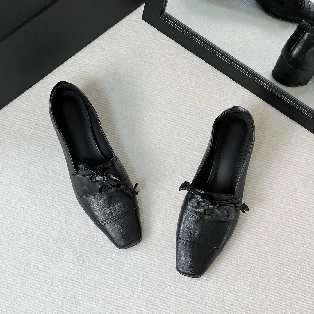 HUSSLOVE 植鞣羊皮·跟高4CM·小众高级设计款百搭蝴蝶结黑色单鞋