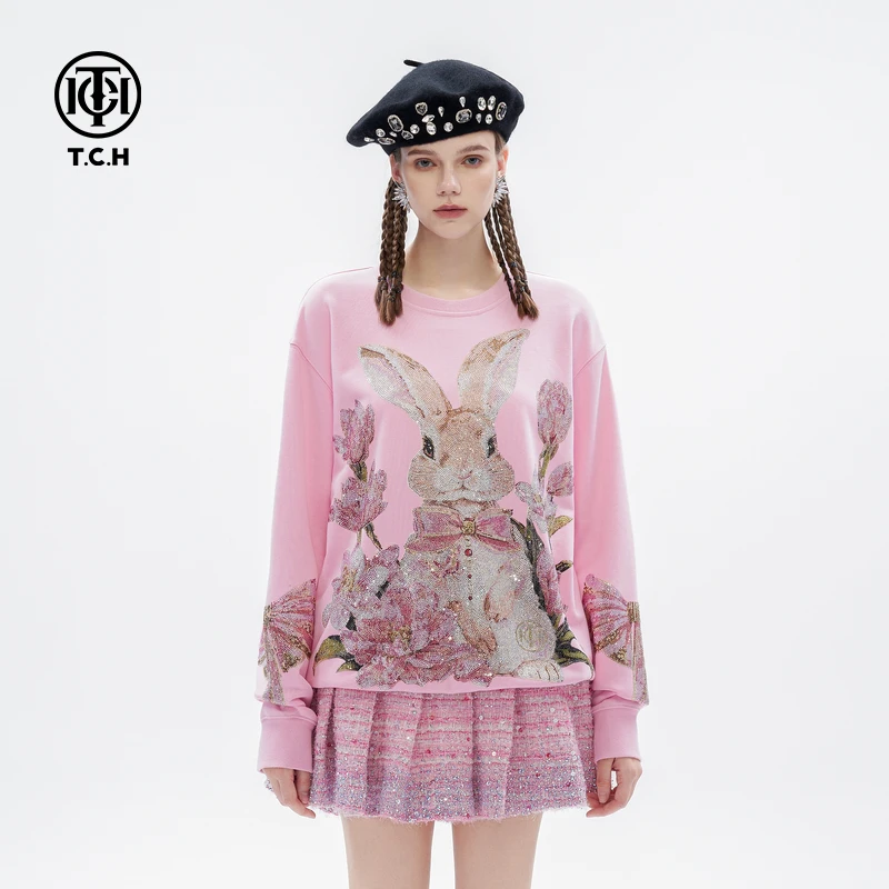 TCH轻奢秋季时尚慵懒风卡通烫钻宽松圆领卫衣T72C116068私服tch