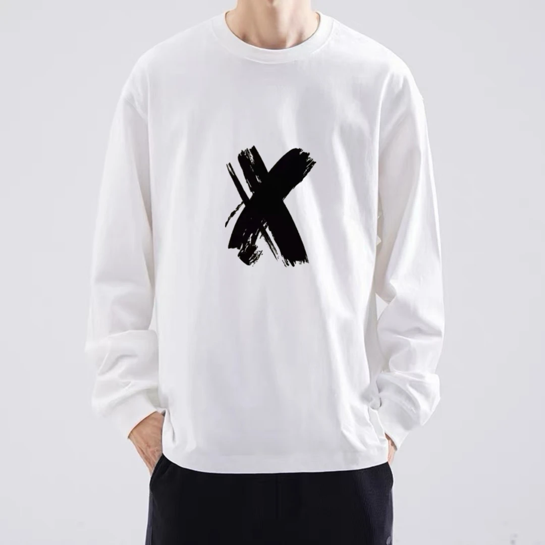 长袖t恤男秋季潮流慵懒风休闲宽松圆领上衣男生简约小众印花体恤