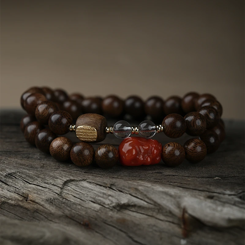 沉香【海博专属】越南芽庄玉化帝王紫棋楠08mm+貔貅双圈设计