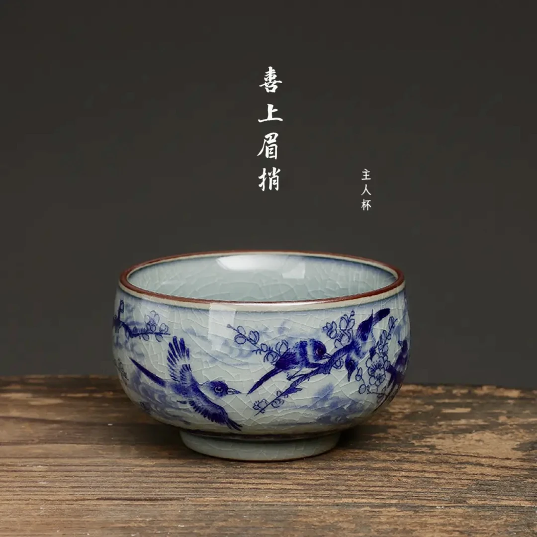 YP158-复古青花喜上眉梢主人杯老陶泥开片茶杯手工功夫品茗杯中式