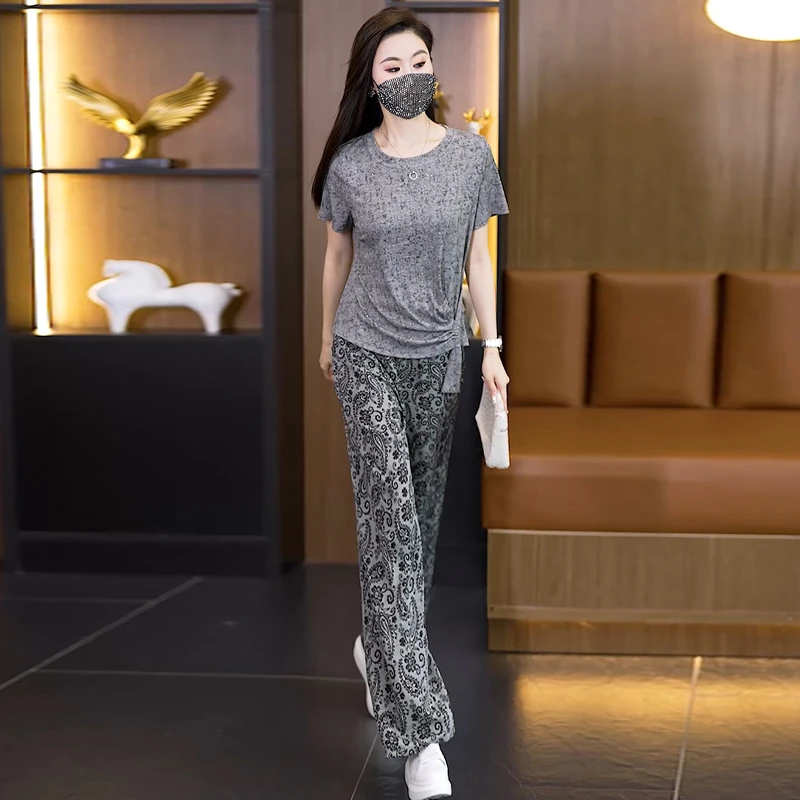 【女神新衣】2025新款夏时尚简约宽松显瘦印花圆领上衣裤子两件套