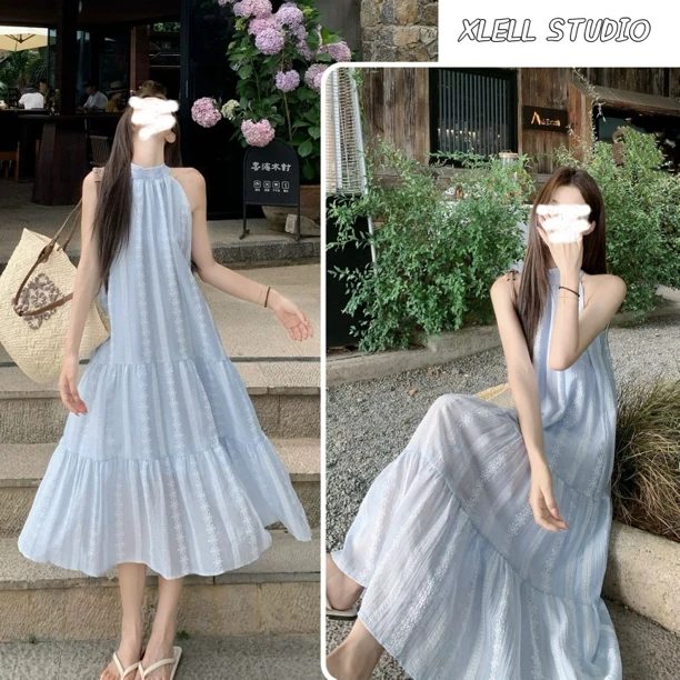 法式气质挂脖连衣裙女装夏季蓝色宽松显瘦裙子度假风中长款a字裙