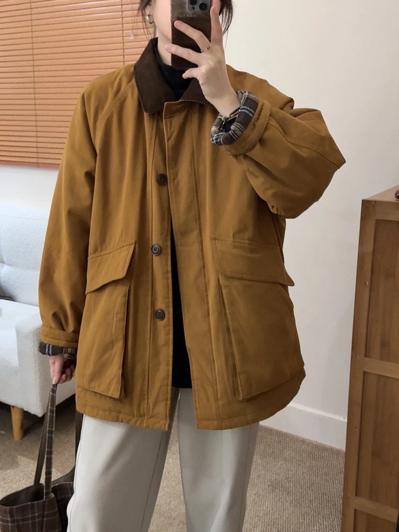 韩系复古撞色翻领棉服外套女冬季工装巴恩风宽松休闲百搭加厚棉衣