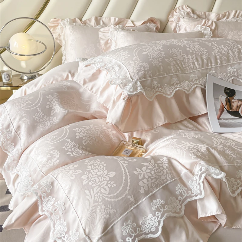 2025新款法式高级感水洗冰丝提花床上四件套蕾丝花边床单被套床品