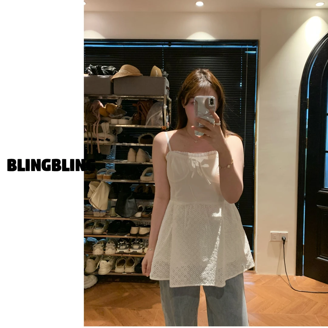 【青】纯欲风蕾丝吊带蝴蝶结装饰上衣 2763