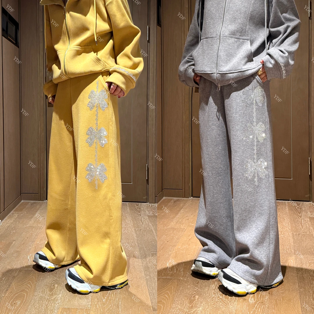 YDFSTUDIO小众【糖果时代】高品重工蝴蝶结烫钻设计时尚加绒阔腿裤