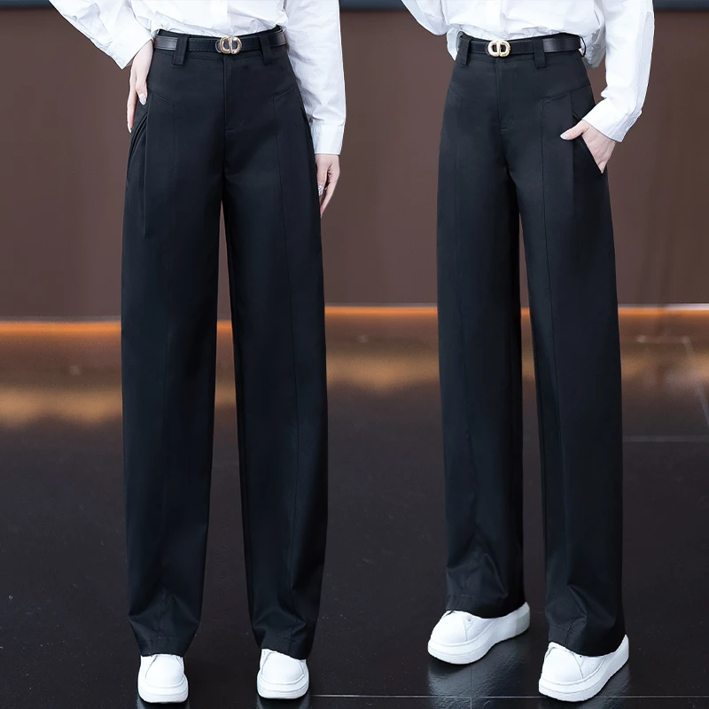 黑色窄版直筒裤女2025春季新款高腰宽松垂感百搭流行休闲阔腿裤