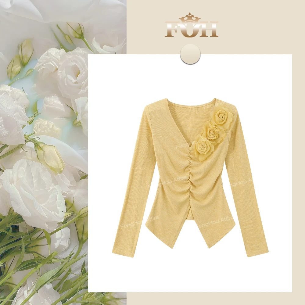 【封后轻奢设计】2025春季新款V领收腰立体花朵长袖上衣89116