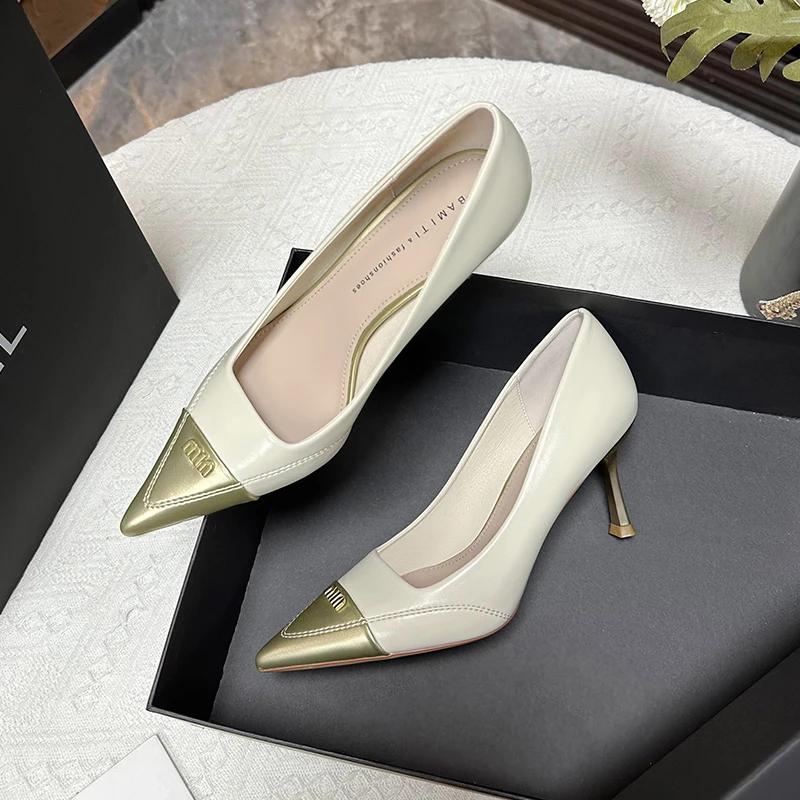 BAMITI白色小香风高级感名媛不累脚新款尖头细跟高跟鞋女