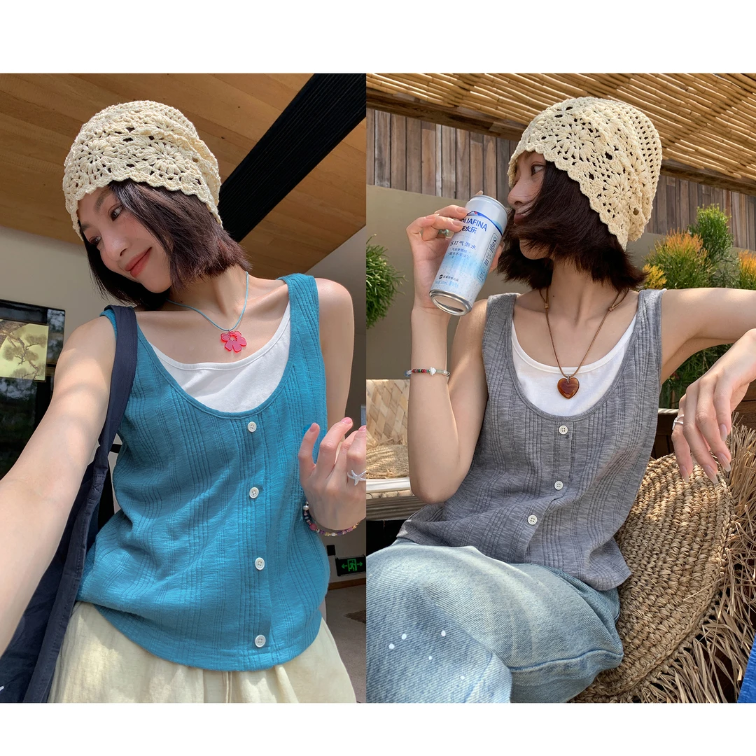【西西里安】 西西里午后～薄款假两件拼接慵懒外穿背心
