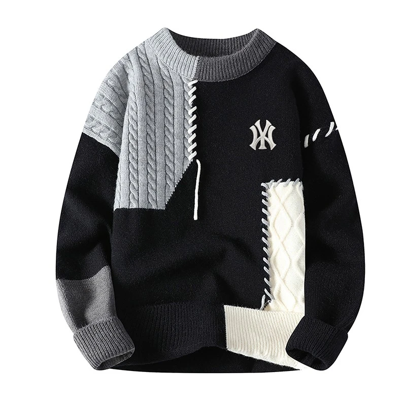 秋冬美式潮牌撞色拼接圆领毛衣男宽松保暖针织打底衫休闲时尚上衣