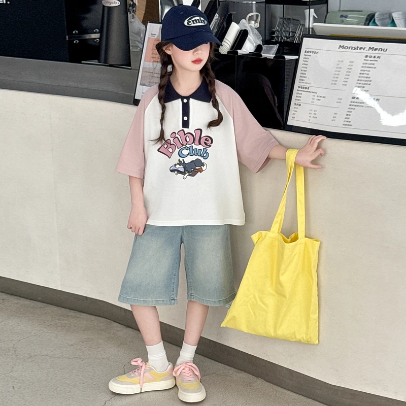 女童POLO领短袖套装夏季2025新款休闲上衣中大童牛仔中裤两件套潮