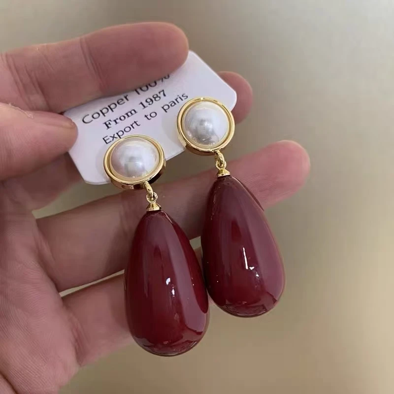 非金属亚克力耳饰 复古法式红色水滴珍珠港风气质耳环01914