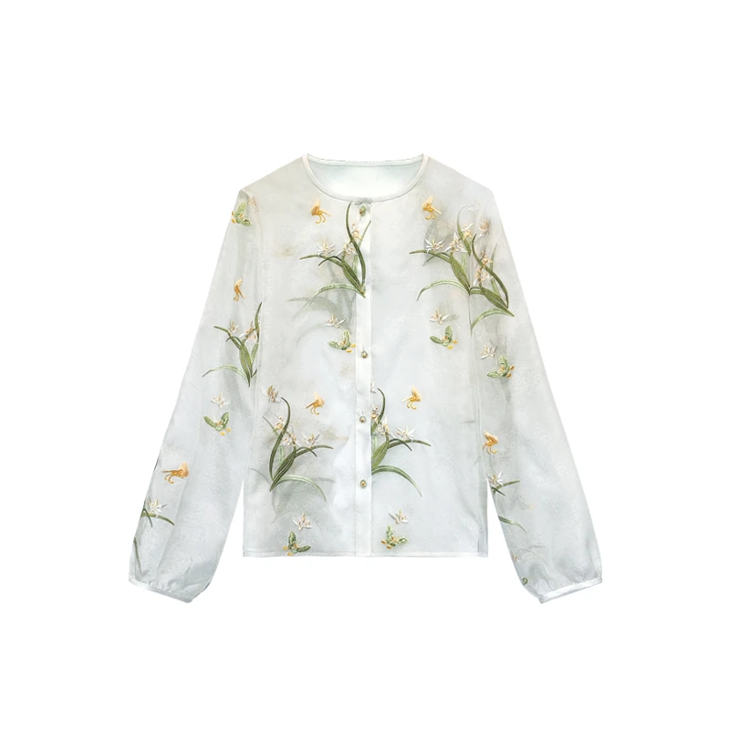 【橙庐】920002原创新中式欧根纱兰花刺绣衬衫 女士桑蚕丝开衫时尚