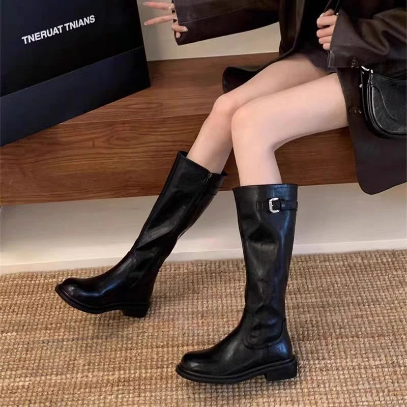 黑色不过膝长筒靴女皮带扣秋冬棕色靴子新款高筒骑士靴长靴5317-6