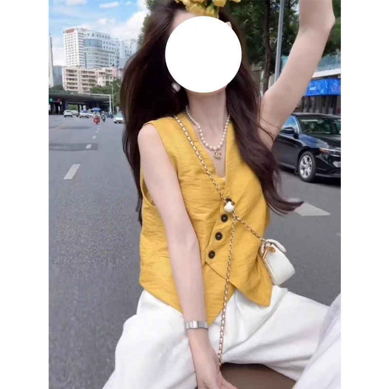 法式高级感V领无袖气质背心女夏2025新款时尚欧货衬衫马甲上衣潮