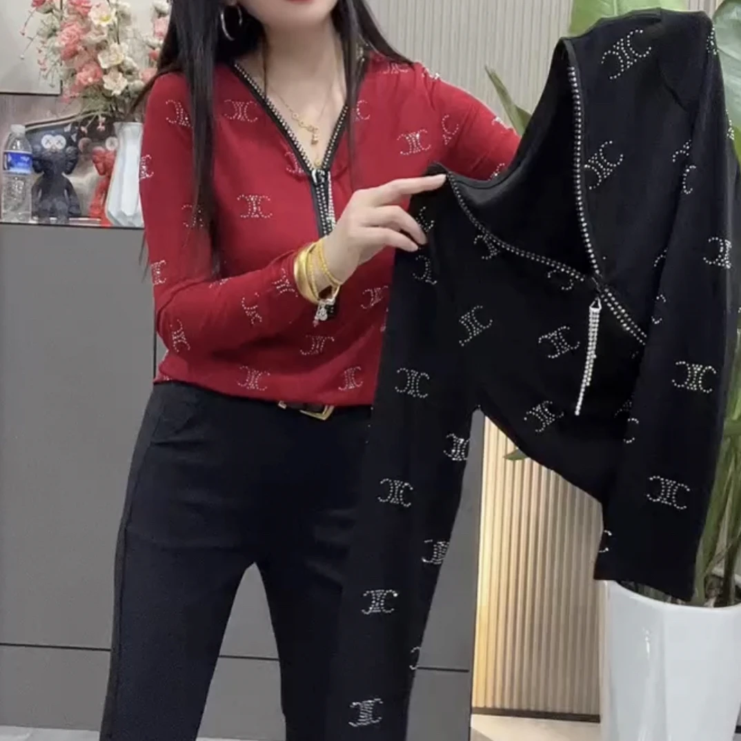 早秋V领长袖重工烫钻显瘦百搭T桖衫