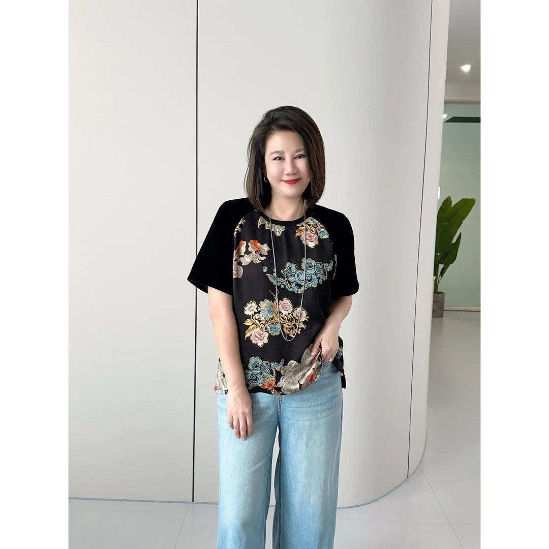 微胖女装【云锦春华】新中式拼接T恤短袖上衣夏季国风新款20732