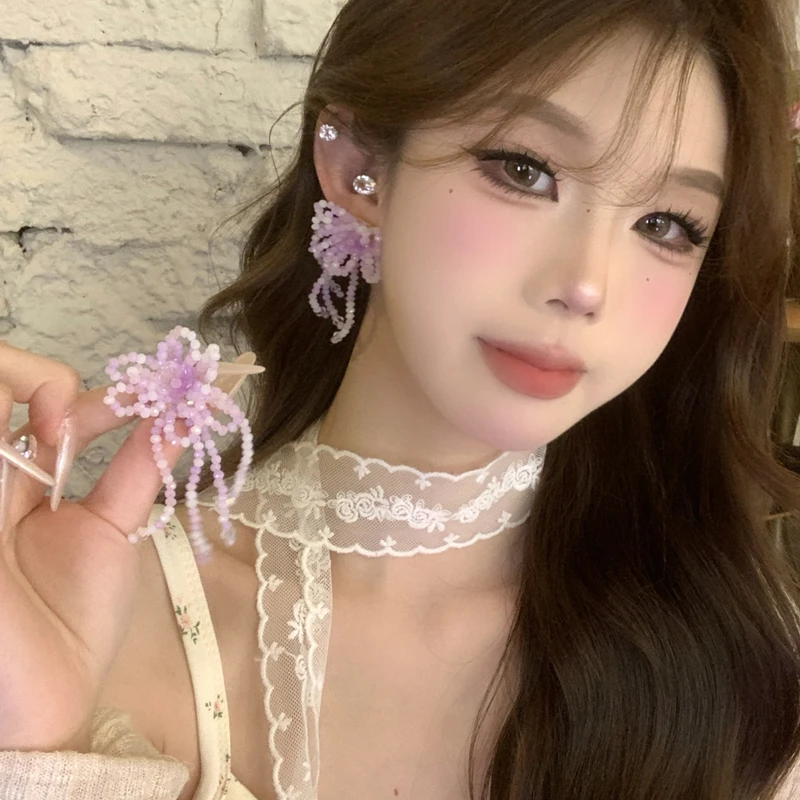 非金属合成锆石耳饰 甜美彩色花朵串珠耳环温柔法式度假风耳饰