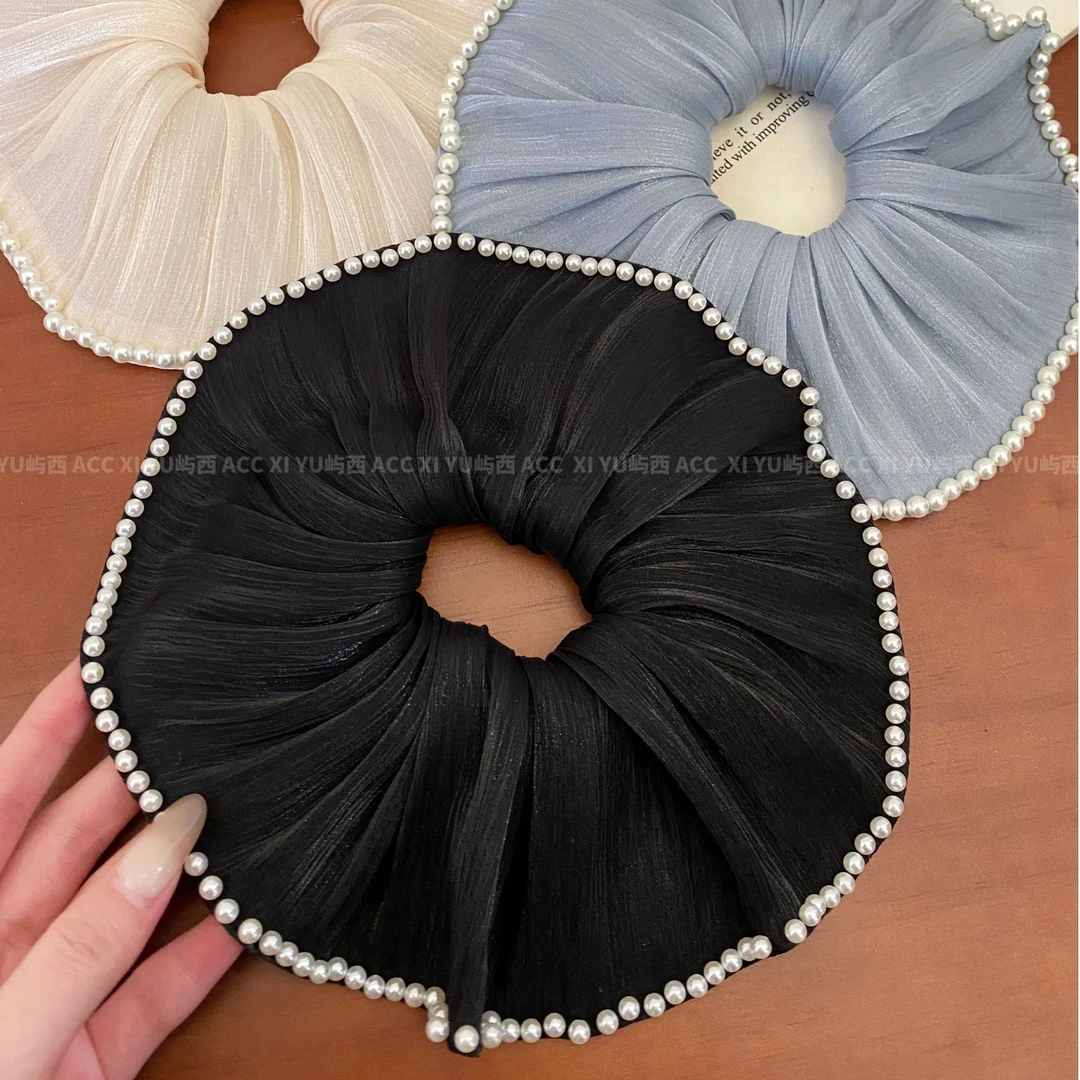 双层褶皱珠光纱大肠发圈高级感精致头绳高弹力盘发低马尾超仙发饰