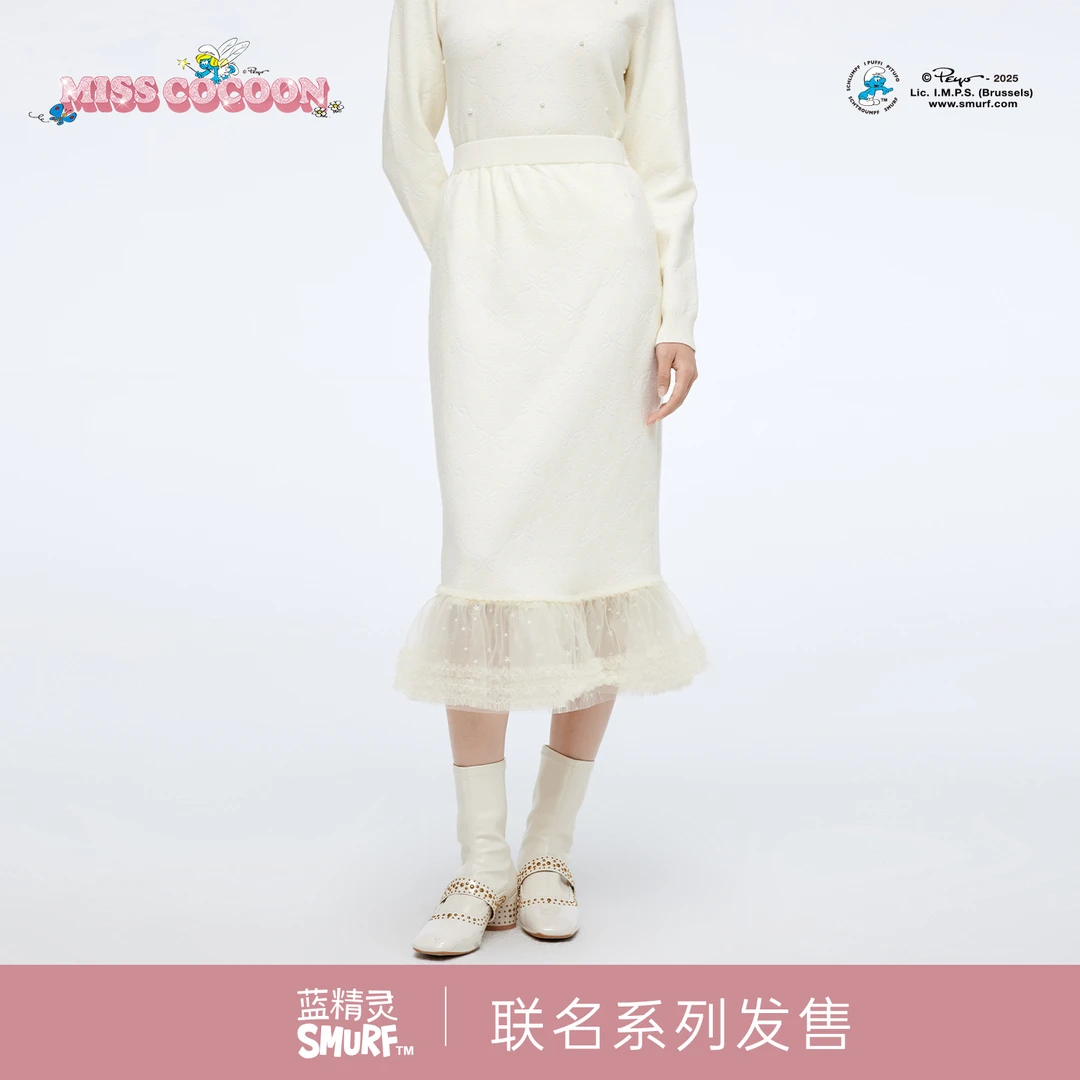 MISSCOCOON可可尼蓝精灵联名半身裙女2025冬季新款网纱拼接裙子