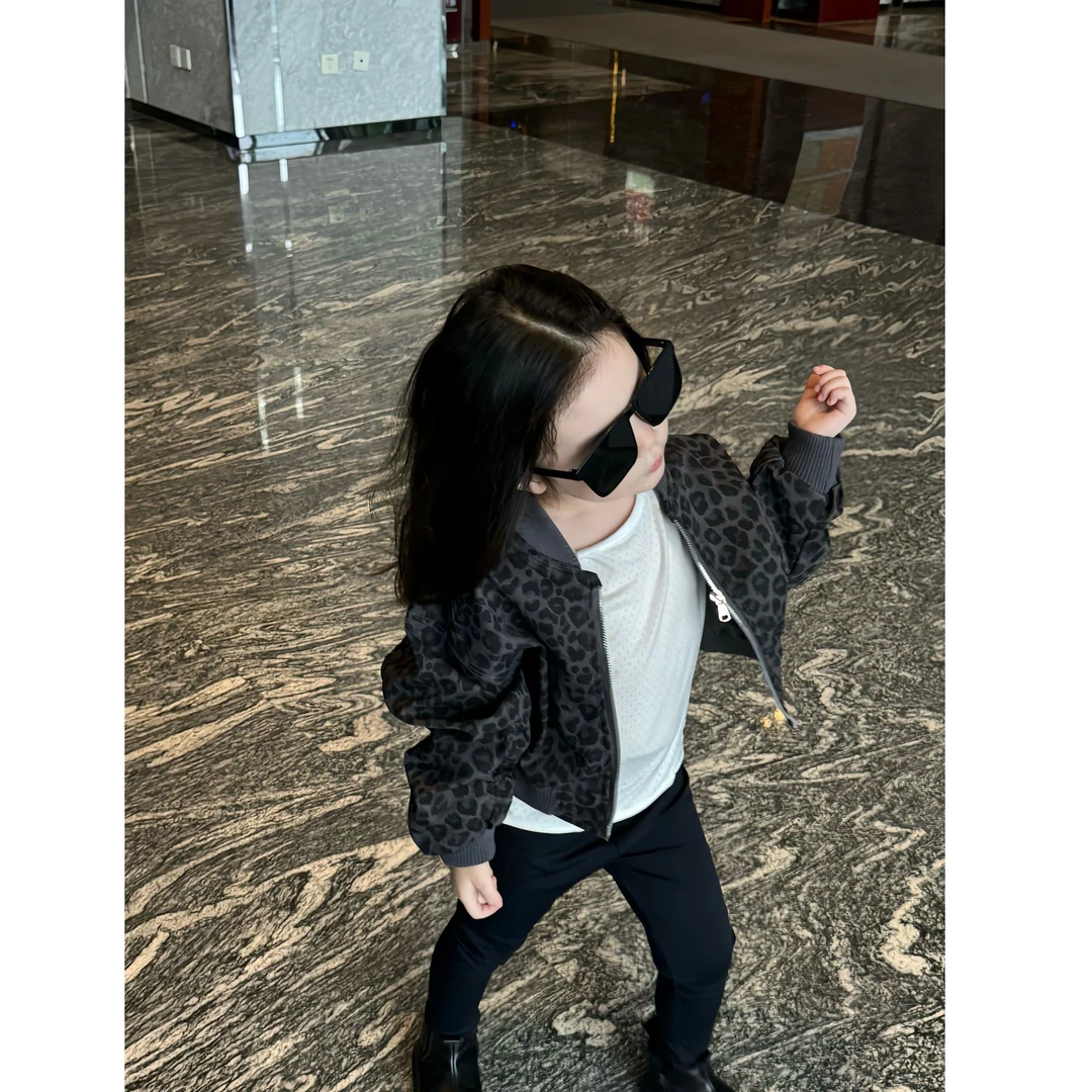 壹妈韩版童装女童秋季套装洋气儿童时髦豹纹夹克外套上衣打底长裤