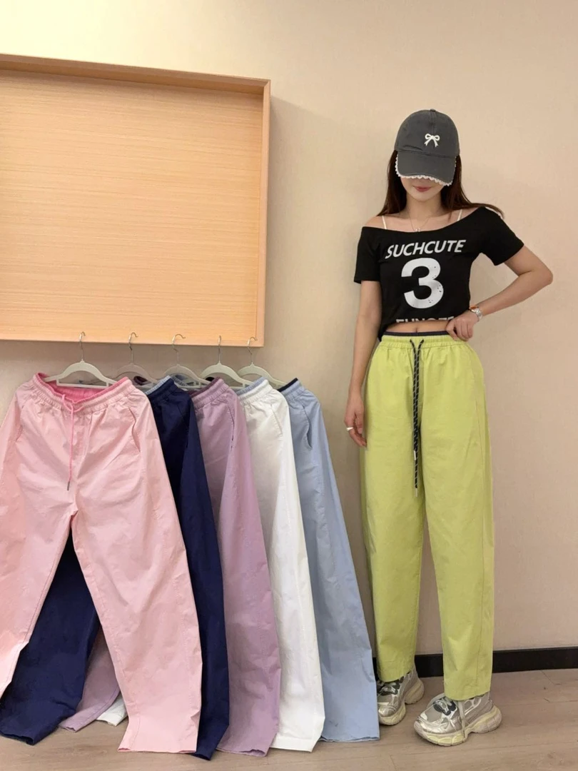 早秋新款纯棉水洗梭织抽绳撞色腰长裤洋气休闲百搭萝卜裤666