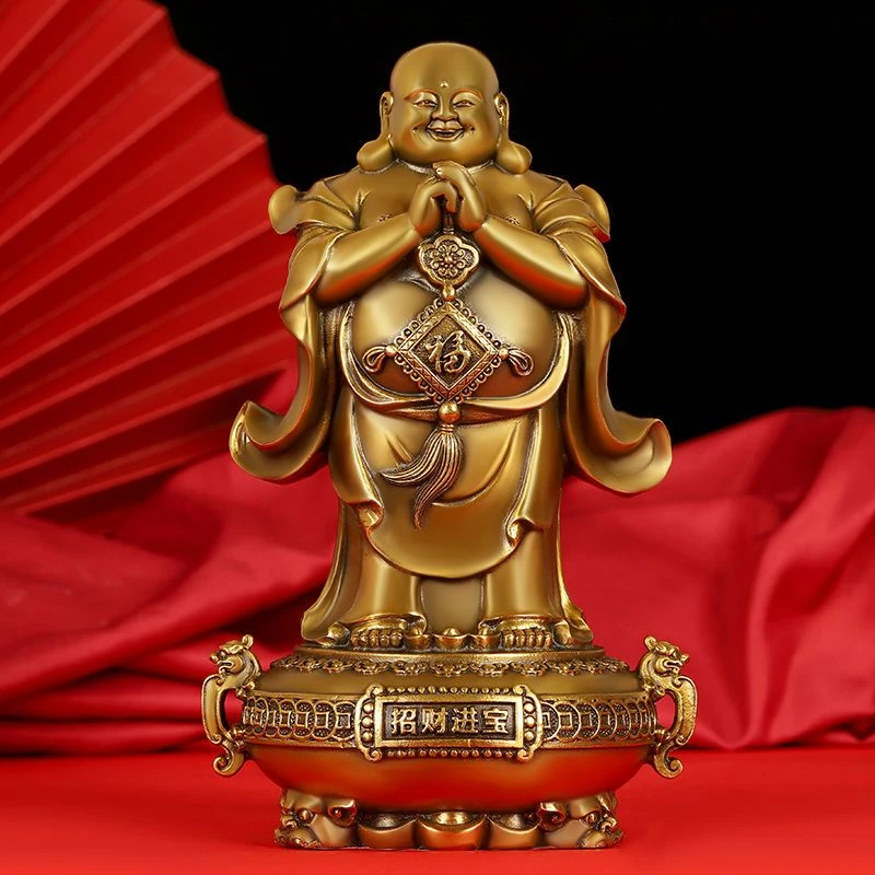 铜弥勒佛摆件纯铜站聚宝盆佛大肚笑佛福字佛家用供养拱手佛像
