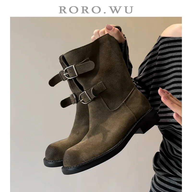 娆娆吴牛翻皮复古擦色皮带扣显瘦秋冬新款粗跟短筒马丁靴女Z11
