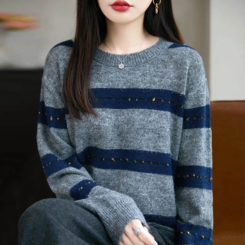 春秋大码圆领针织衫女宽松遮肚子显瘦条纹毛衣百搭秋冬时尚打底衫