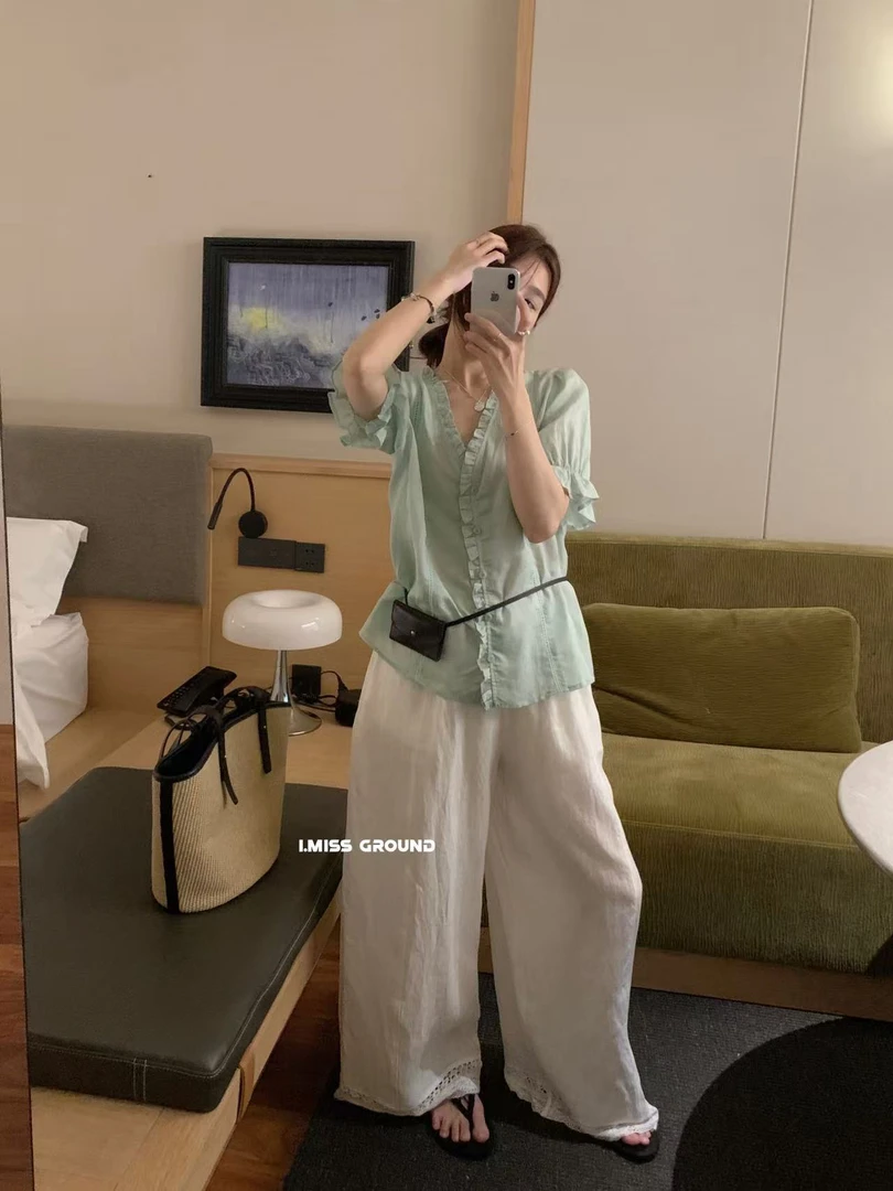 imiss@2137 韩系温柔甜美木耳花边短袖衬衫（50天天+50苎麻）
