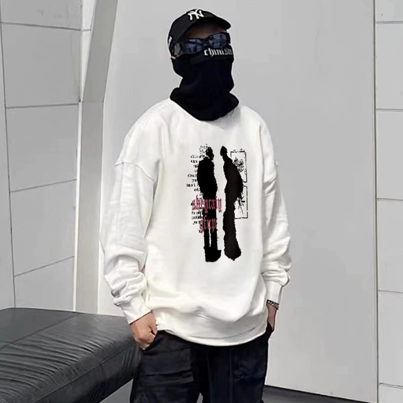 美式高街潮牌印花圆领卫衣男秋季宽松百搭oversize校园风情侣上衣
