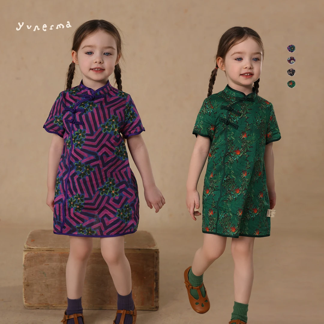 允儿妈女童夏季新款100支长绒棉碎花旗袍裙 宝宝洋气连衣裙礼服裙