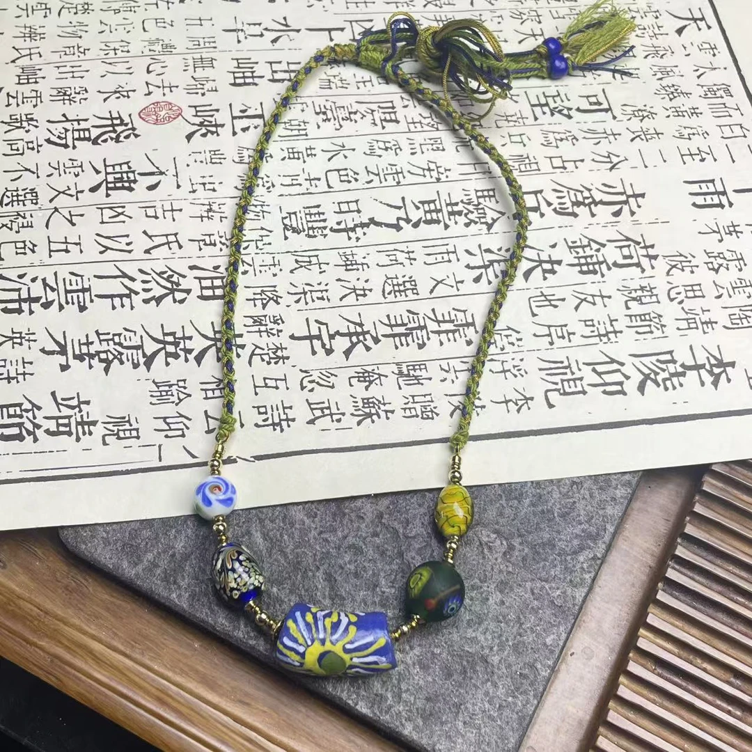 合金项链 LZ7393蓝色太阳弯管蓝色凤尾多宝绳编琉璃项链
