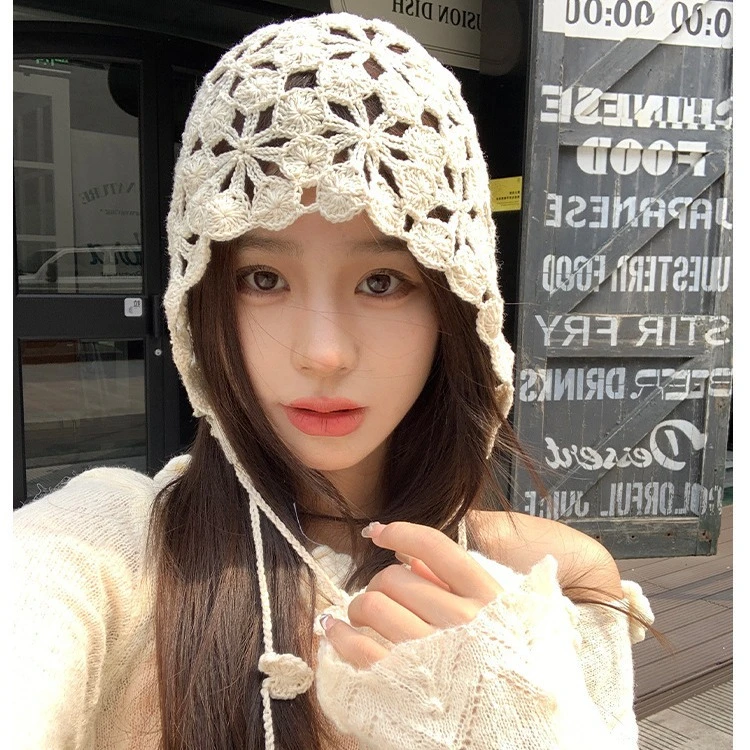甜美镂空编织包头帽子女春秋薄款钩花民族风吊坠针织帽百搭套头帽