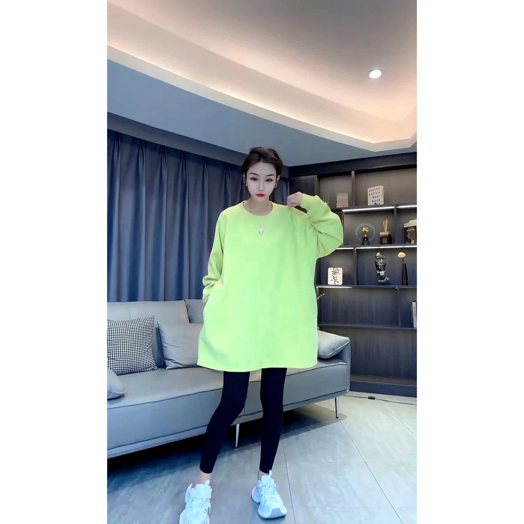 彩色系慵懒风口袋插肩袖圆领卫衣早秋宽松中长款