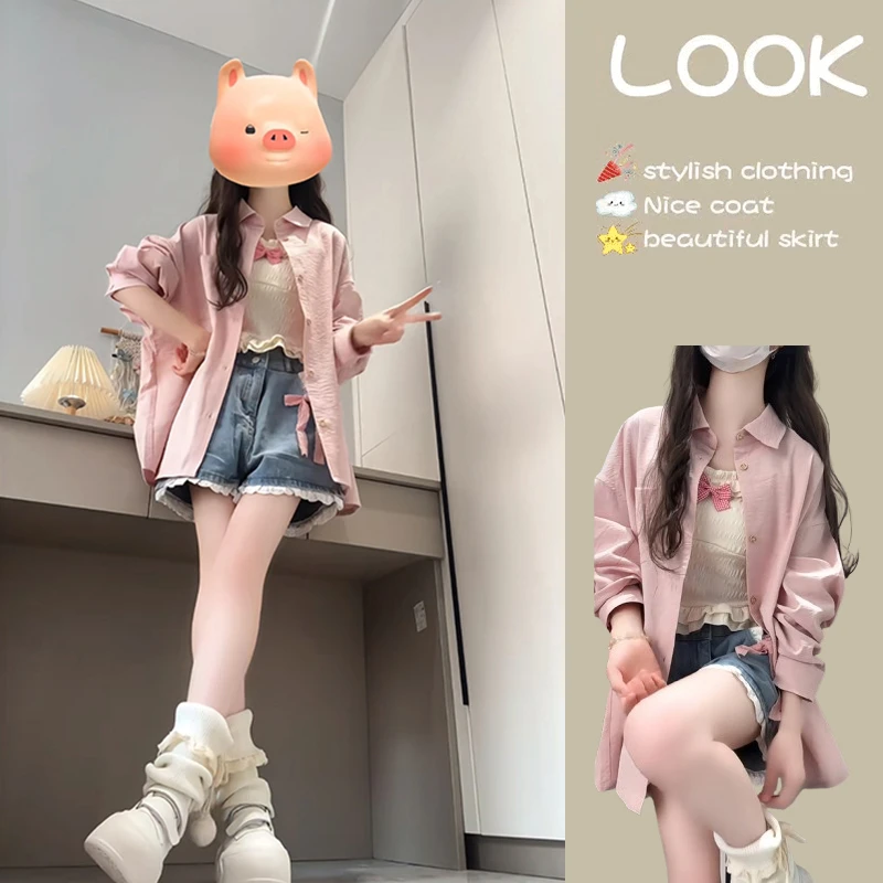 早春时尚一整套女装2025新款韩版时尚减龄衬衫背心牛仔短裤三件套