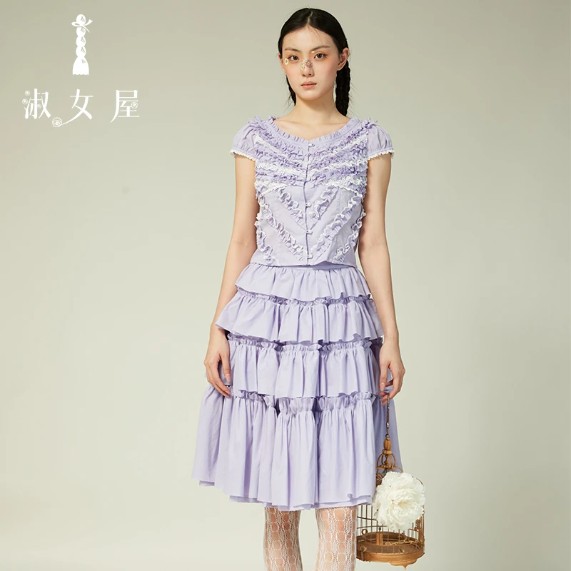 淑女屋官方旗舰店芭蕾舞公主。喵喵芭蕾舞荷叶套装温柔风蛋糕裙棉