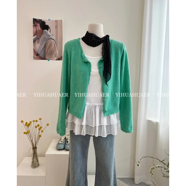 B-2193东大门韩系新款甜美纯色开衫单排扣百搭毛针针织