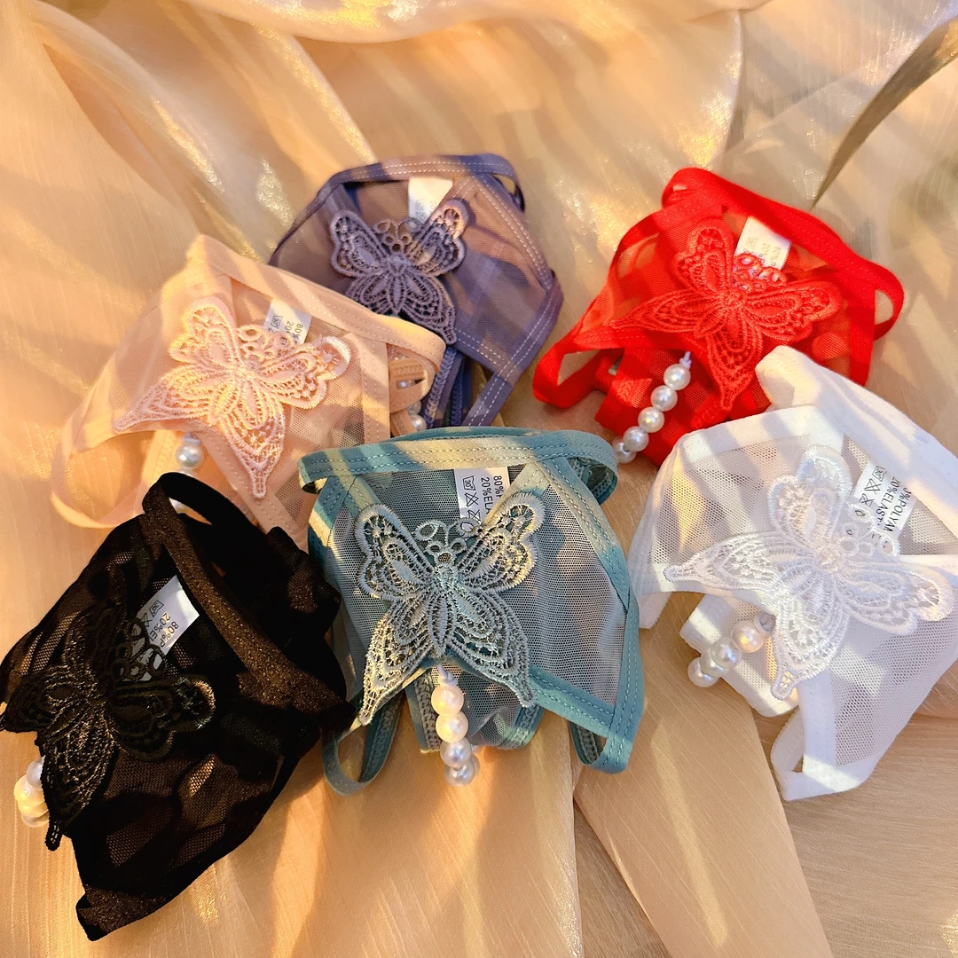 夜色弥漫～性感内裤女低腰夏季刺绣蝴蝶网纱蕾丝镂空诱惑珍珠装饰