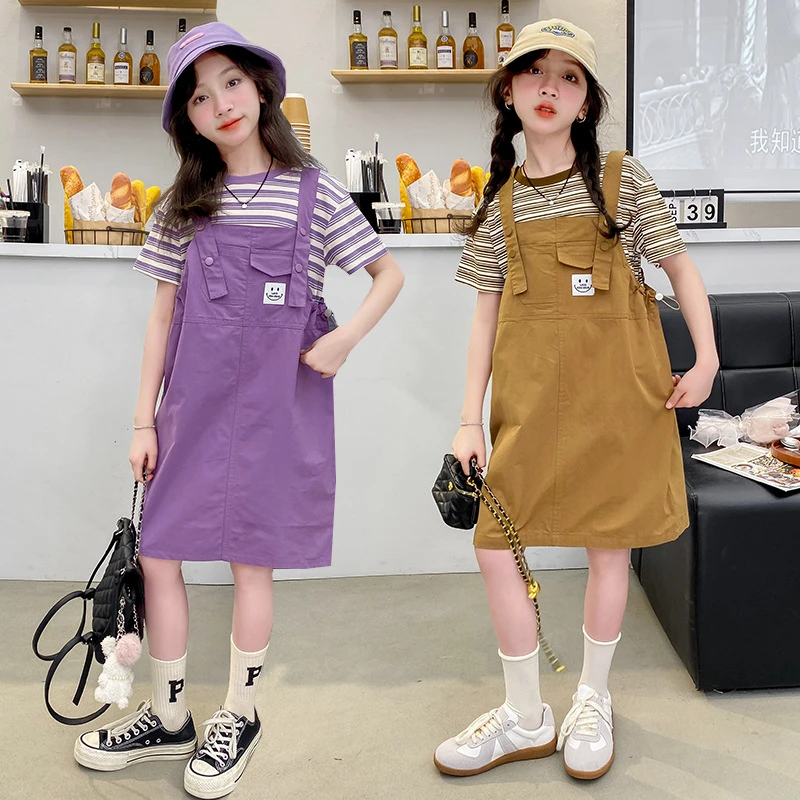 啊2025夏季新款时髦韩版洋气女童背带裙公主裙套装大童适用