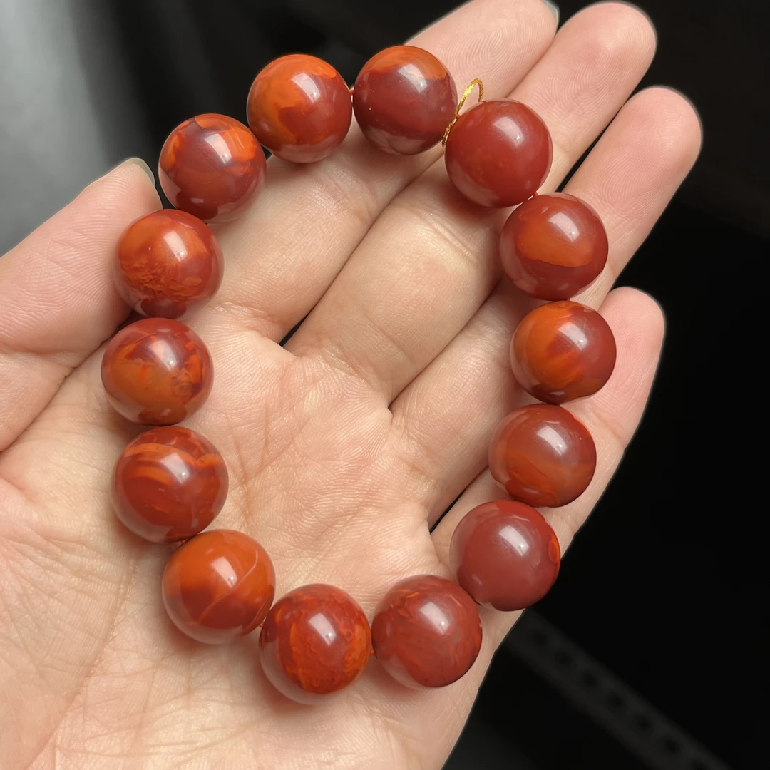 精品南红川料妖艳火焰卡16圆珠单圈手串78克