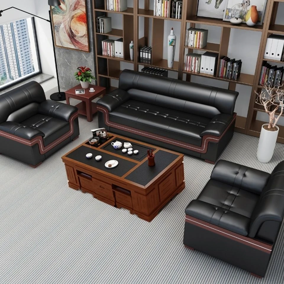 真皮办公沙发会客室接待商务现代简约洽谈三人位实木沙发茶几组合
