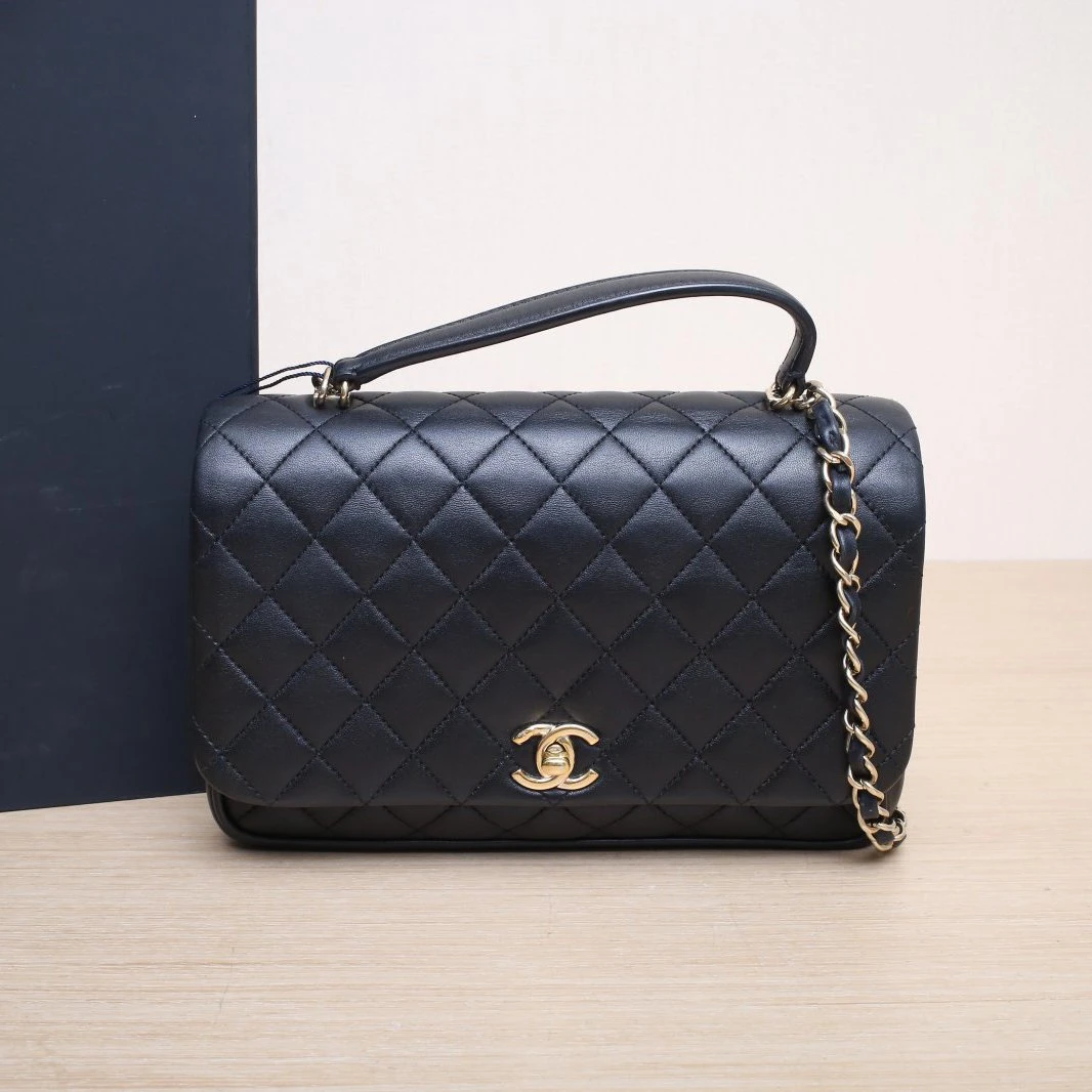 95新 Chanel/香奈儿 【黑黑】25开 CF 季节款 风琴 手提邮差包