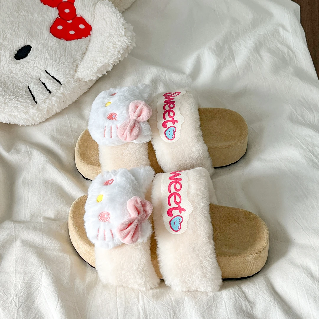 卡通可爱凯蒂猫毛毛拖女2025新款秋冬外穿懒人休闲厚底一字棉拖鞋