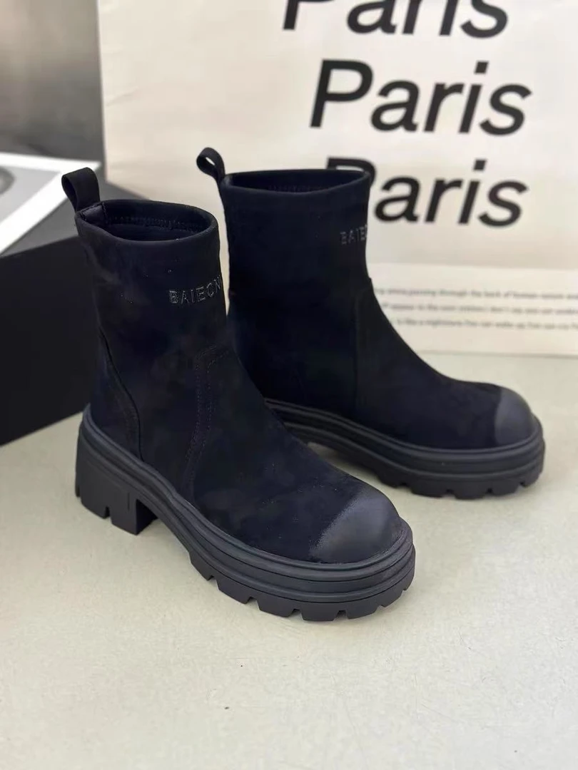 秋冬新款韩版通勤瘦瘦简约粗跟裸靴短靴513-5(不加绒)