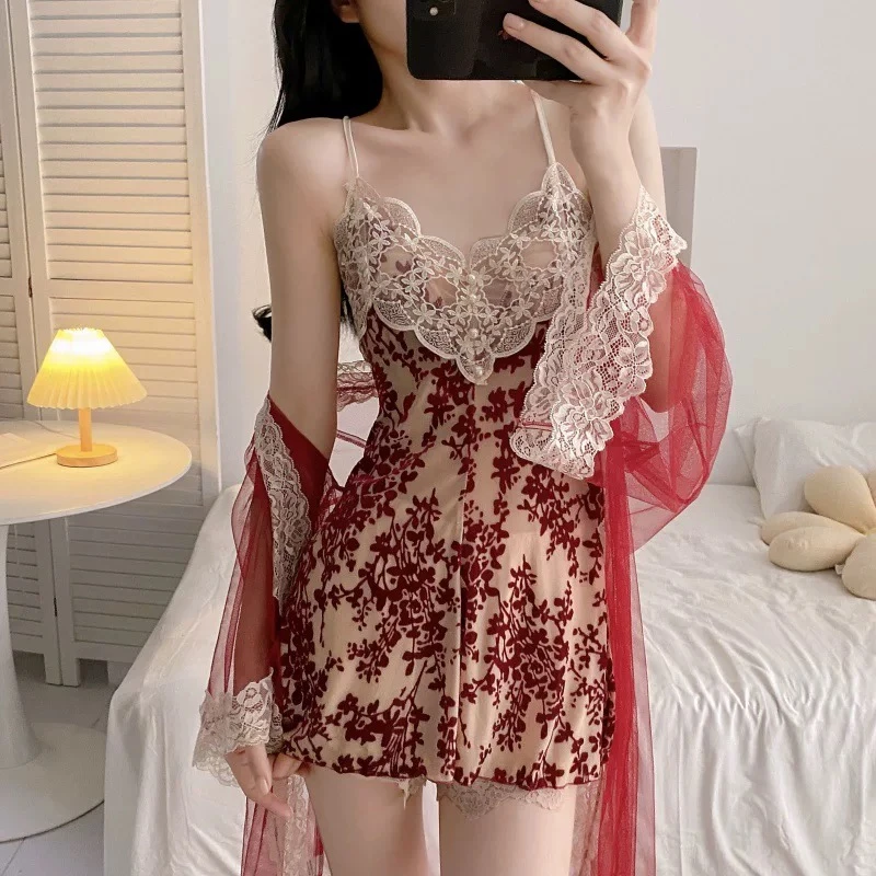 蕾丝性感吊带短裤睡衣纯欲风女士冰丝春夏季舒适家居服套装睡裙